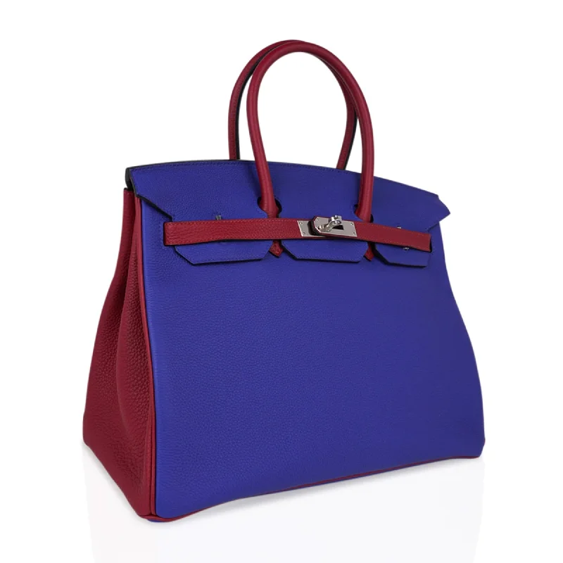 Hermes Special Order HSS Birkin 35 Bag Blue Electric & Rouge Grenat Togo Leather with Palladium Hardware