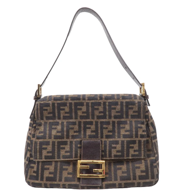 FENDI Mamma Baguette Zucca Canvas Leather Shoulder Bag Brown