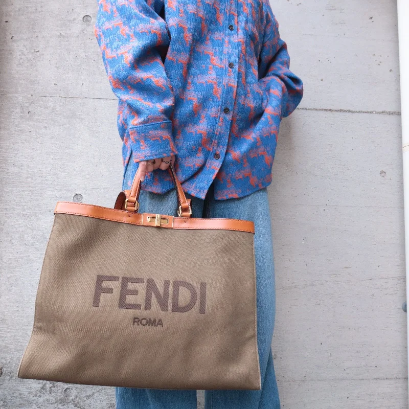 FENDI Peekaboo X Canvas Leather 2Way Tote Bag Khaki Brown 8BH375