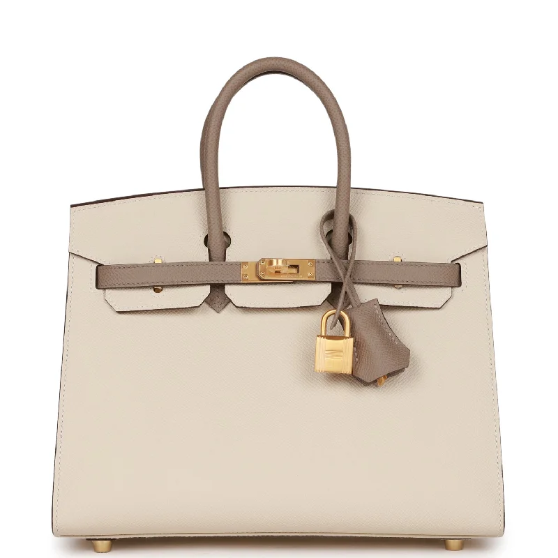 Hermes Special Order (HSS) Birkin Sellier 25 Craie and Gris Asphalte Epsom Brushed Gold Hardware