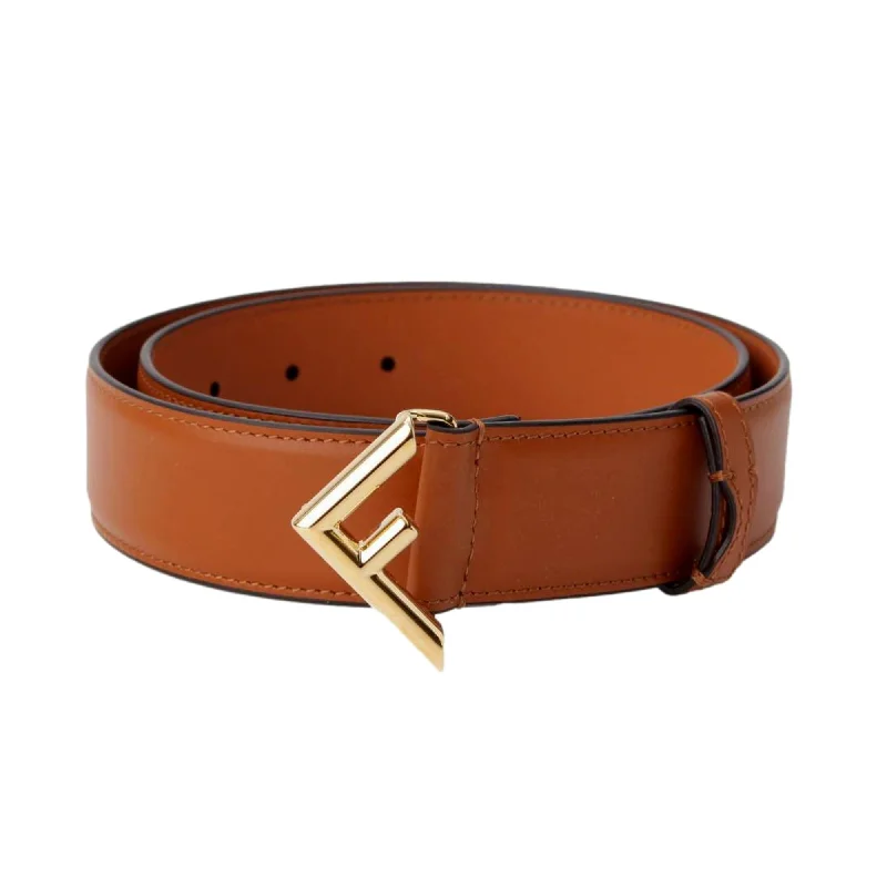 Fendi First Gold Logo Cuoio Brown Calf Leather Belt Size 85