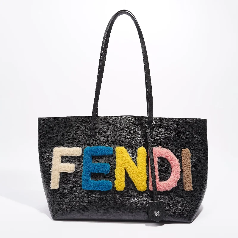 Fendi Logo Roll Tote Black Leather / Shearling Large