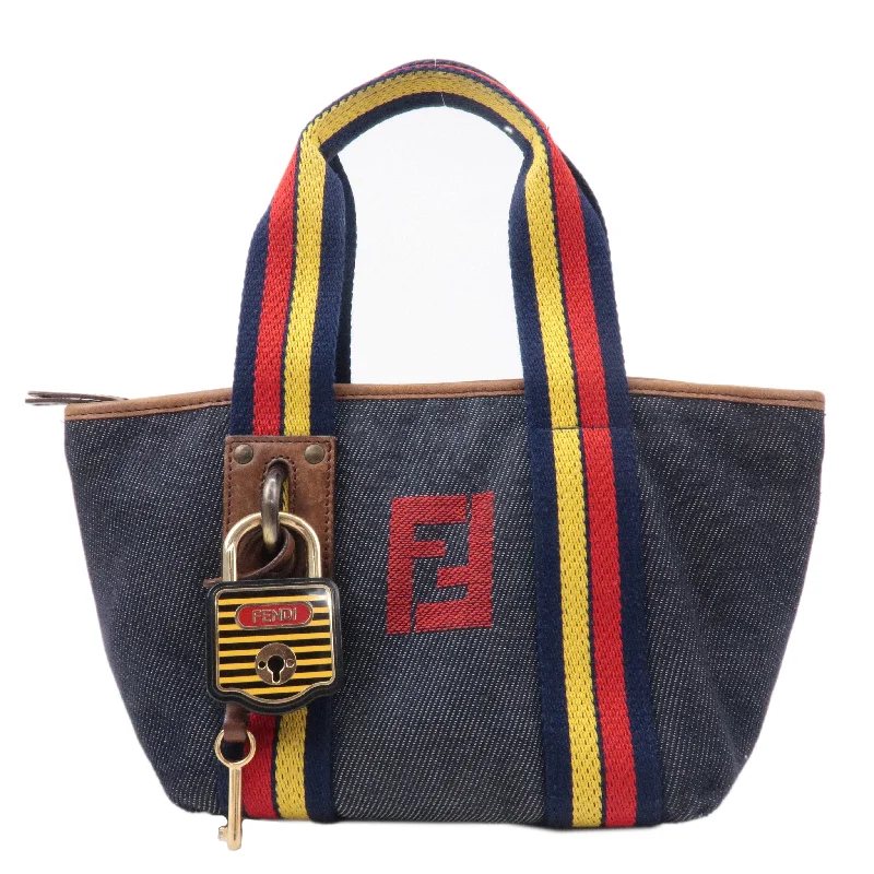 FENDI Denim Leather Hand bag Multi Color Navy 7VA165