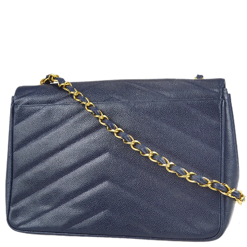 Chanel 1994-1996 Navy Caviar Jumbo Chevron Letter Flap Bag