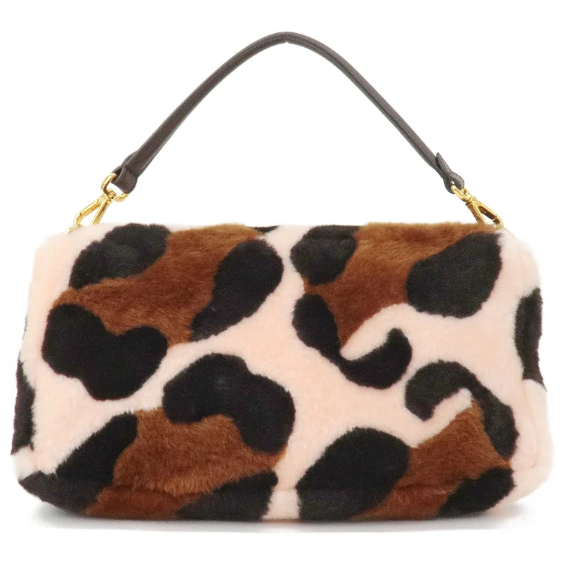 FENDI Fur Leather Baguette Large 2WAY Bag Animal Pattern 8BR771