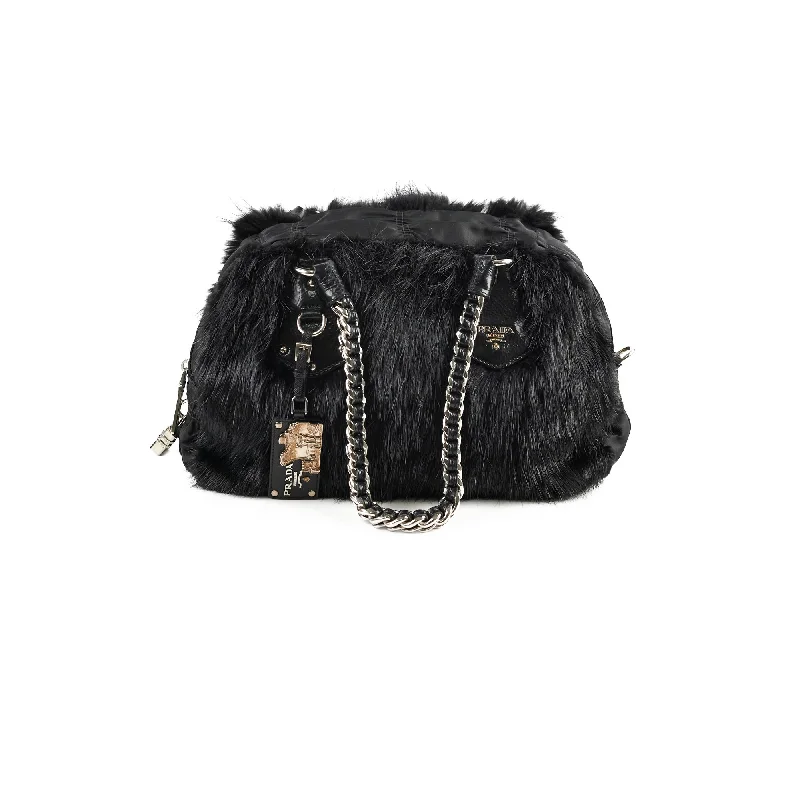 Prada Fur Nylon Shoulder Bag Black