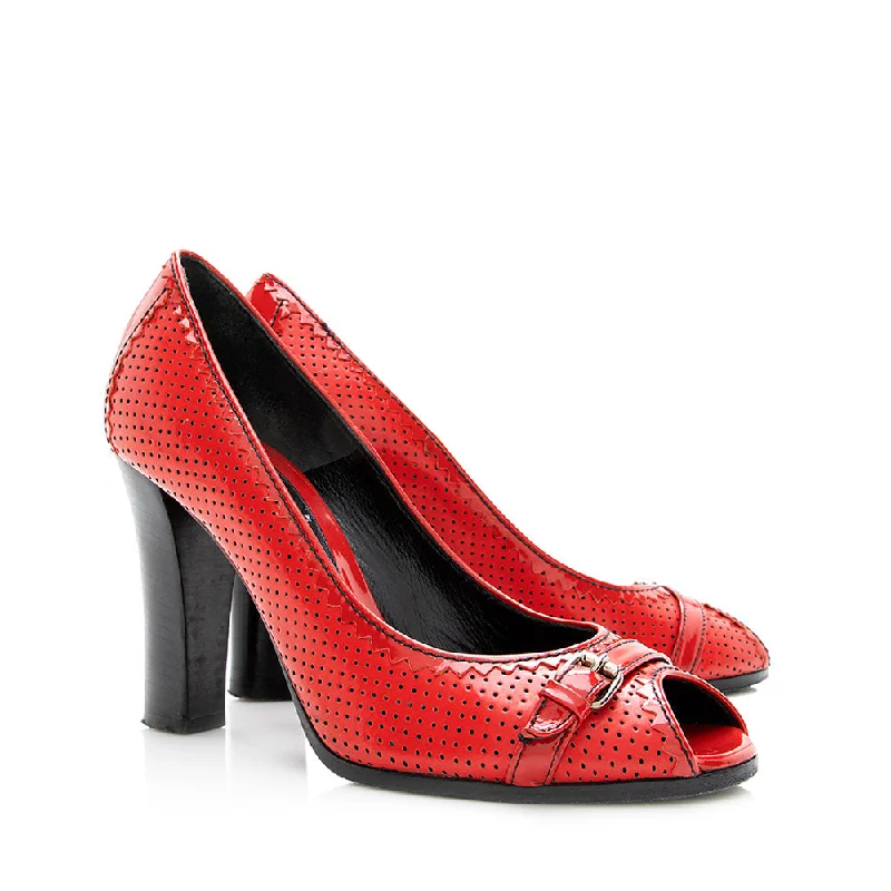 Fendi Perforated Leather Buckle Detail Peep Toe Pumps - Size 6.5 / 36.5 (SHF-18590)