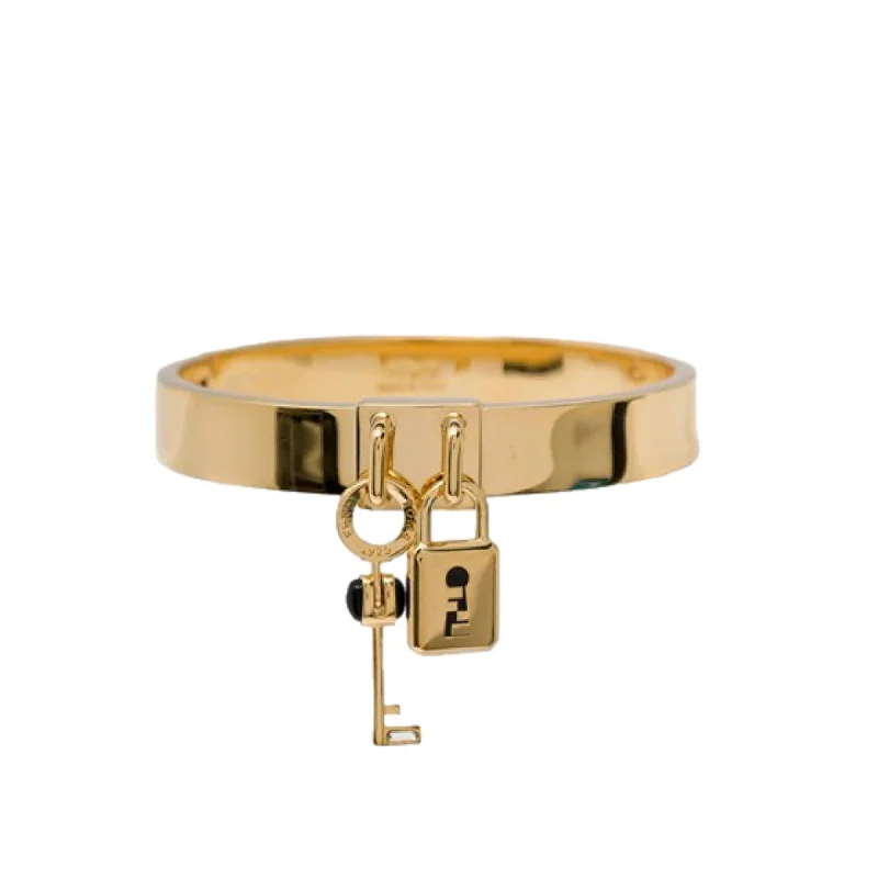 Fendi Master Key Pendant Gold Finish Metal Medium Cuff Bracelet