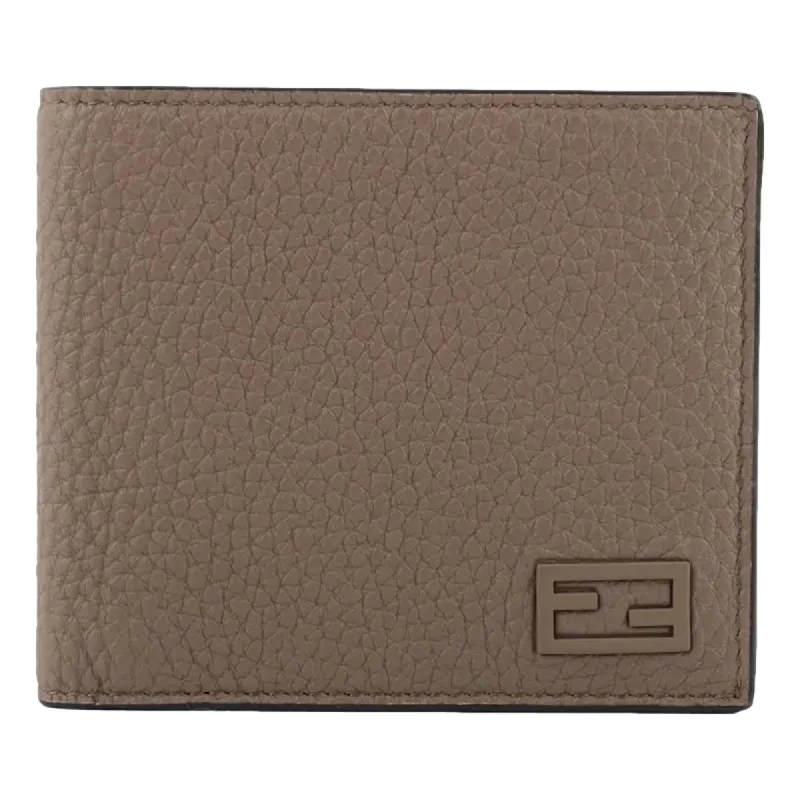 Fendi FF Logo Plaque Tartufo Gray Pebbled Calf Leather Bifold Wallet