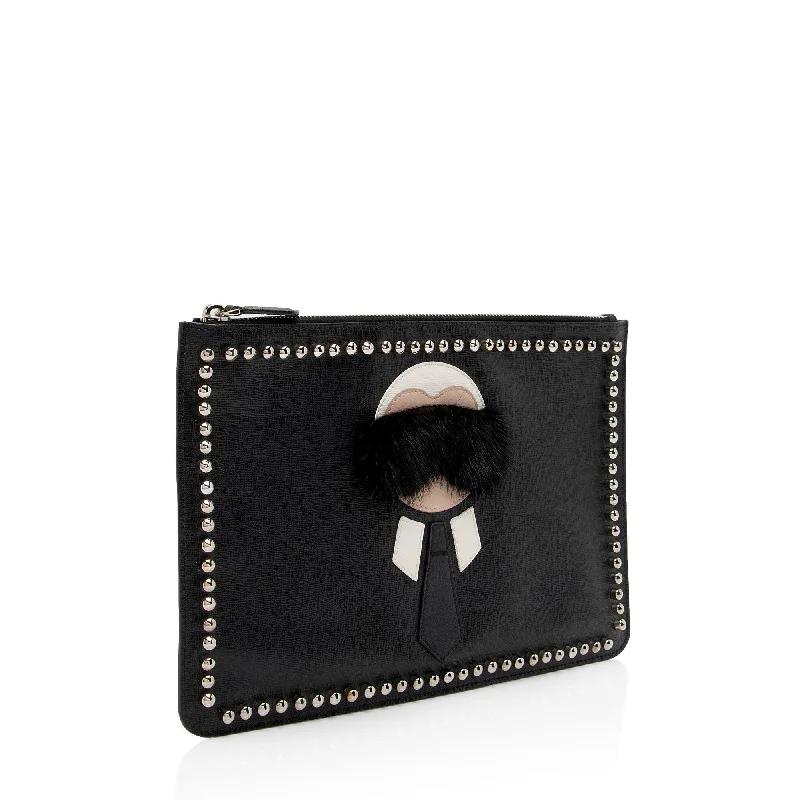 Fendi Studded Leather Mink Karlito Zip Pouch (SHF-Rdhiar)