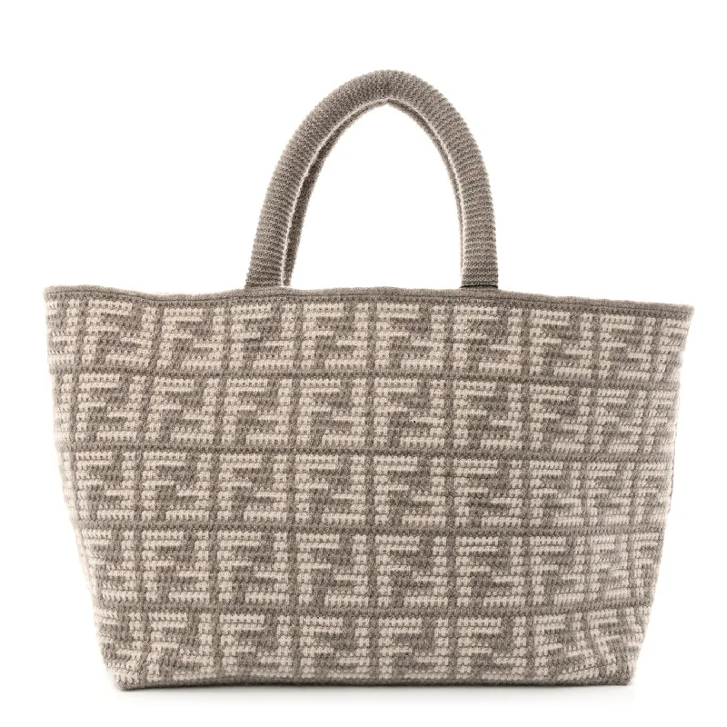 Fendi FF Tortora Gray Knitted Cashmere Wool Large Shopper Tote Bag