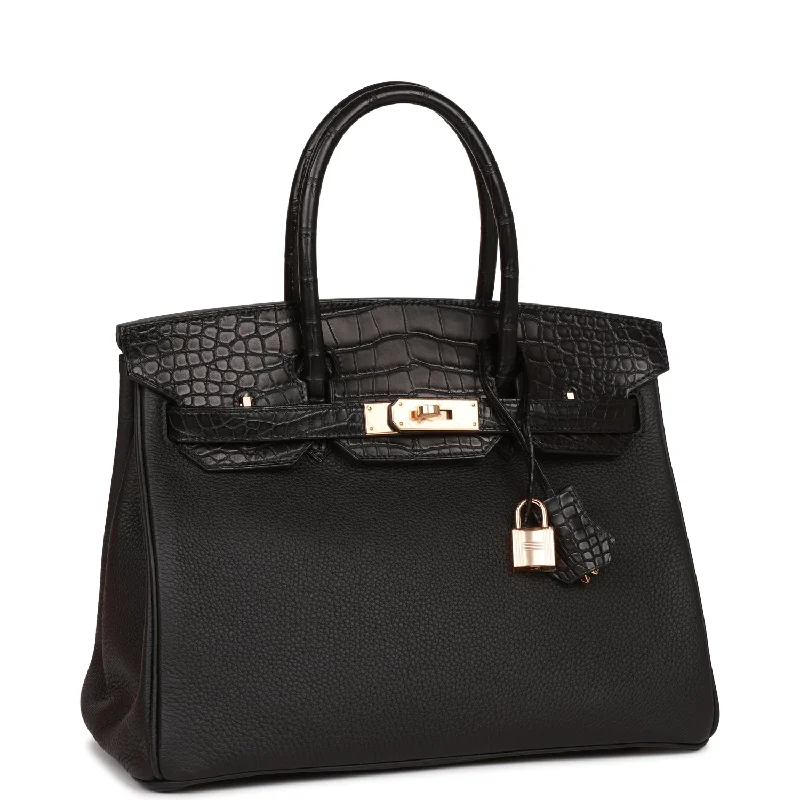 Hermes Birkin 30 Black Matte Alligator and Togo Touch Rose Gold Hardware