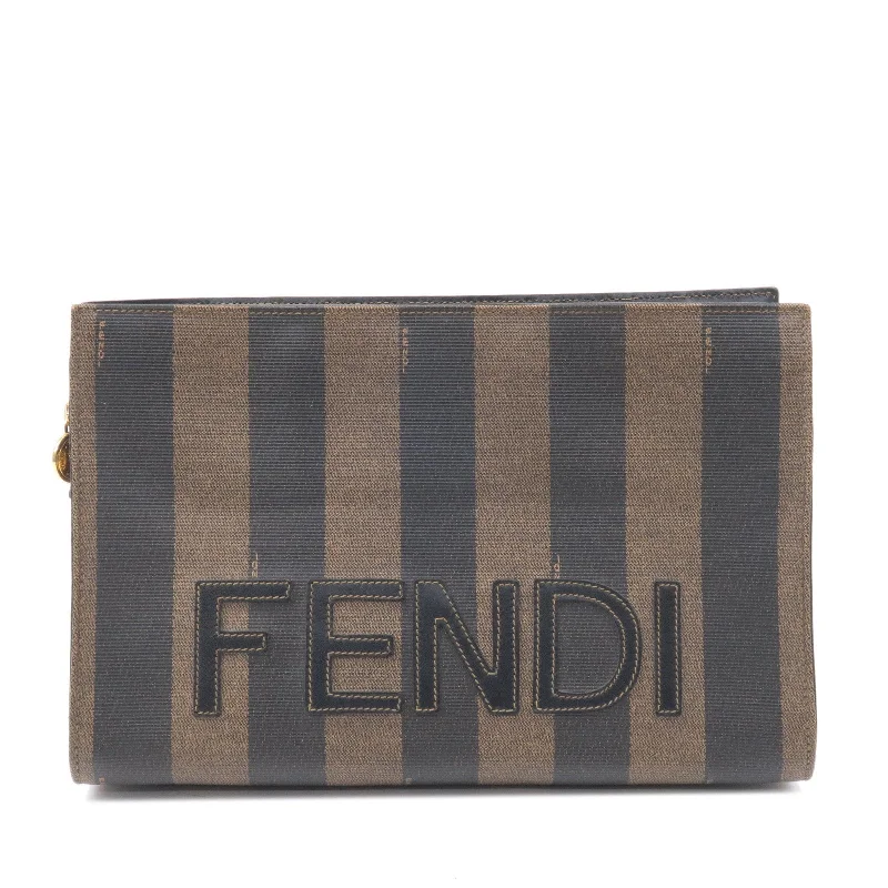 FENDI Pequin PVC Leather Clutch Bag Black Khaki